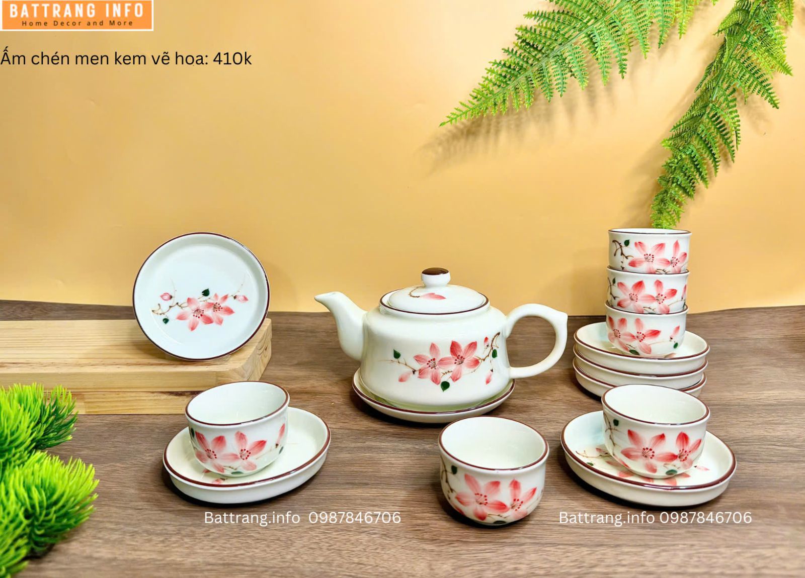 ẤM CHÉN MEN KEM HOA LAN HỒNG