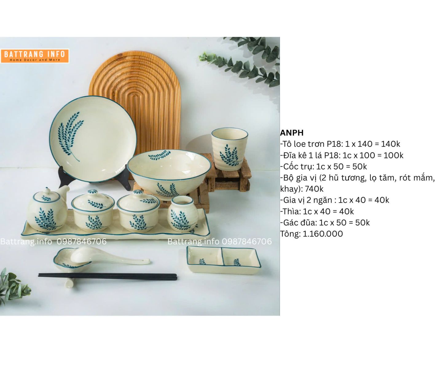 BỘ BÁT ĐĨA VẼ TAY BÁT TRÀNG 1160