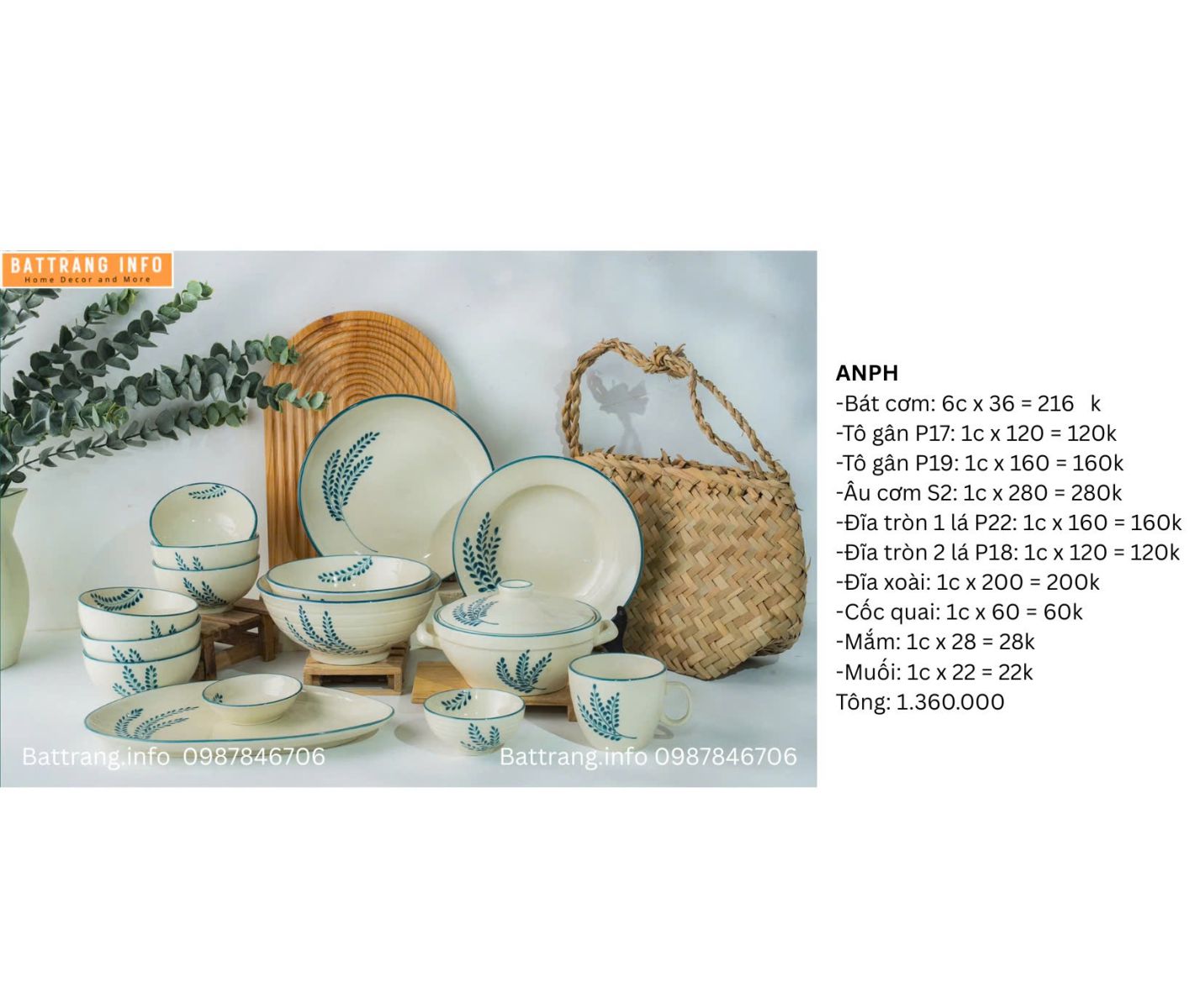 BỘ BÁT ĐĨA VẼ TAY BÁT TRÀNG 1360
