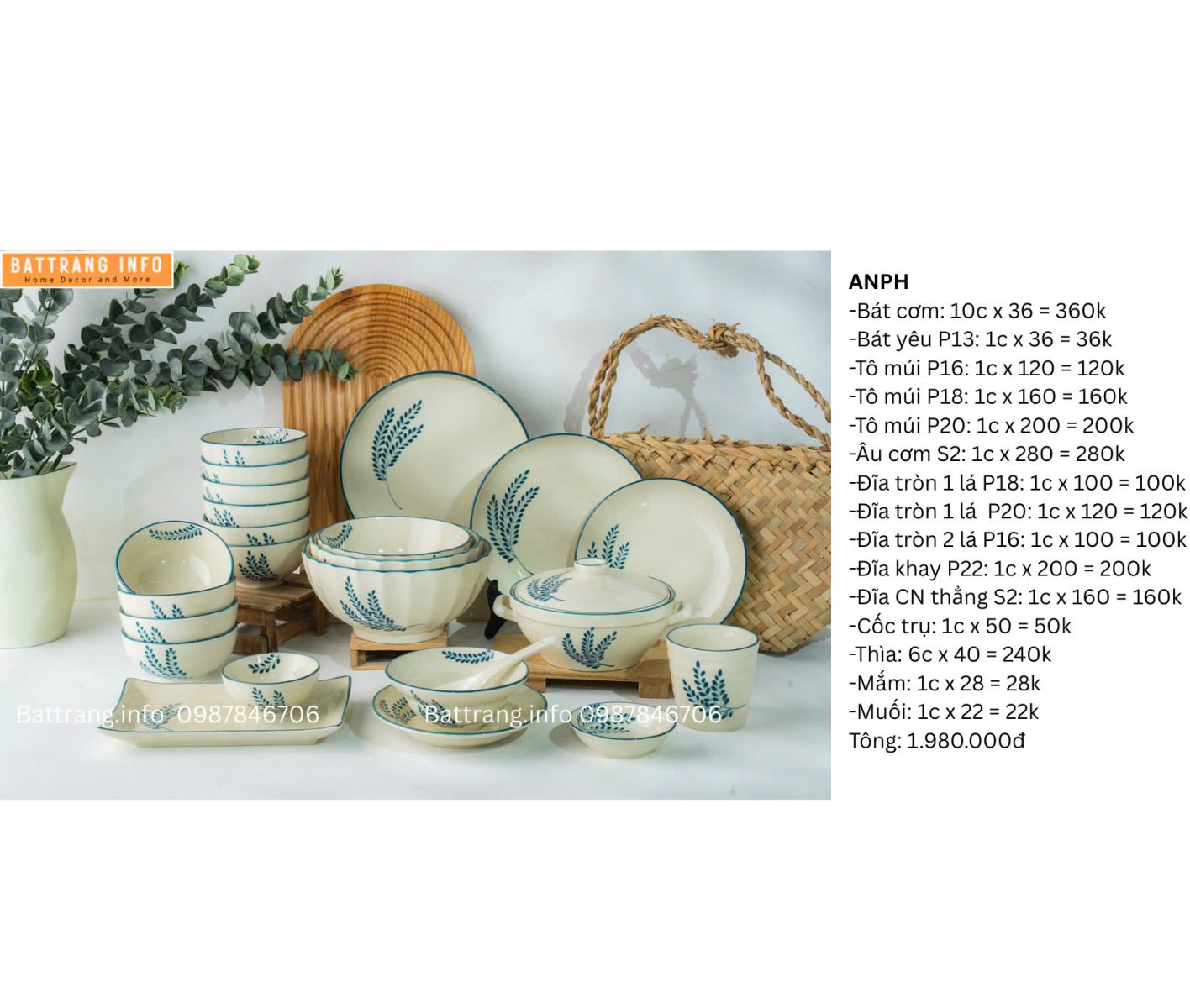BỘ BÁT ĐĨA VẼ TAY BÁT TRÀNG 1980