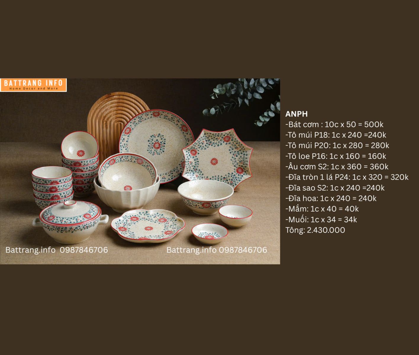 BỘ ĐỒ ĂN HOA DÂY ĐỎ 2430