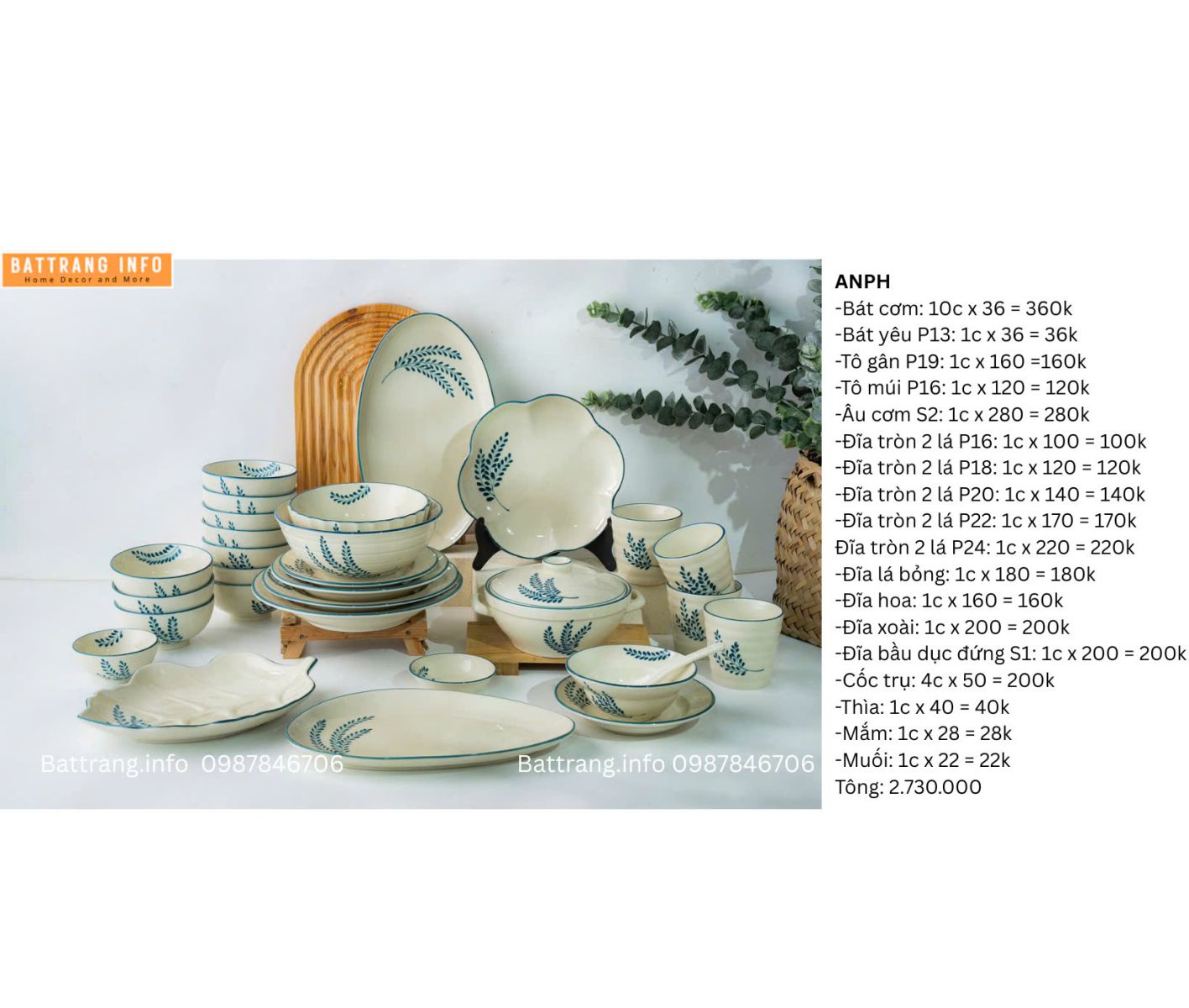 BỘ BÁT ĐĨA ĂN VẼ TAY BÁT TRÀNG 2730000