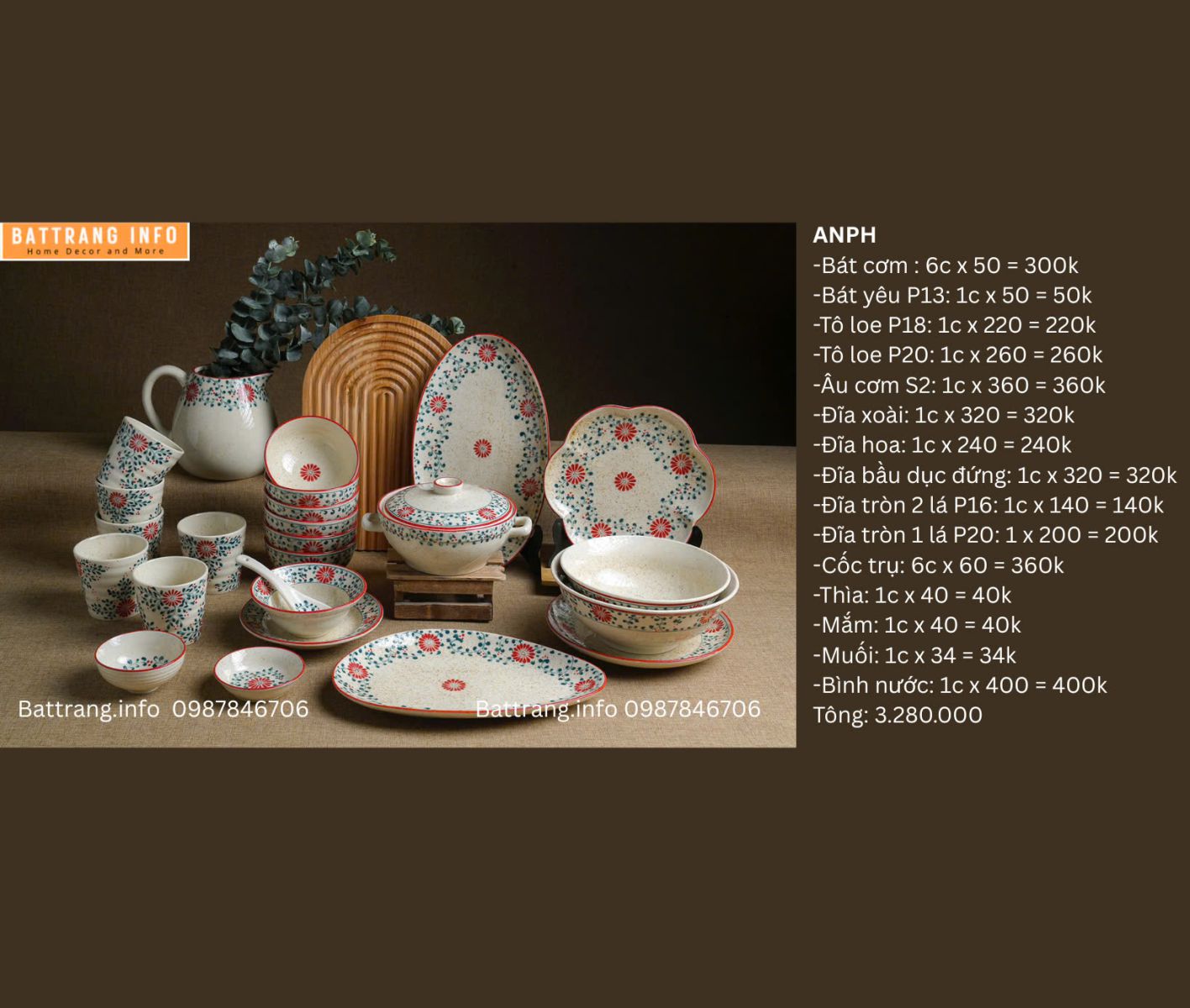 BỘ ĐỒ ĂN HOA DÂY ĐỎ 3280
