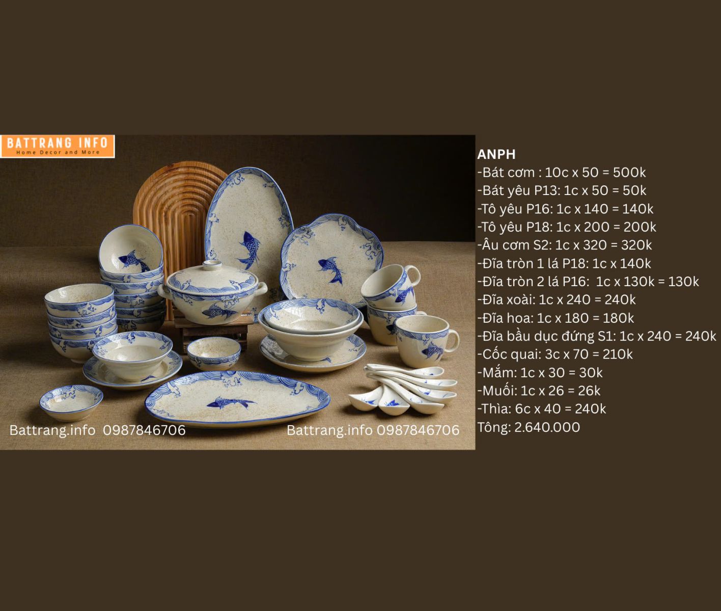 BỘ BÁT ĐĨA CÁ VẼ TAY BÁT TRÀNG 2640