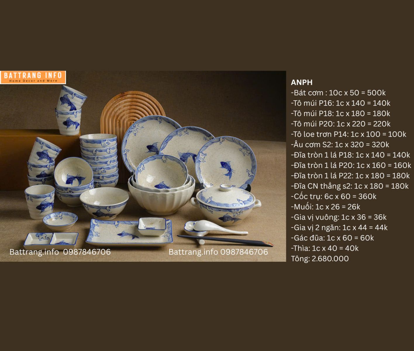 BỘ BÁT ĐĨA CÁ VẼ TAY BÁT TRÀNG 2680