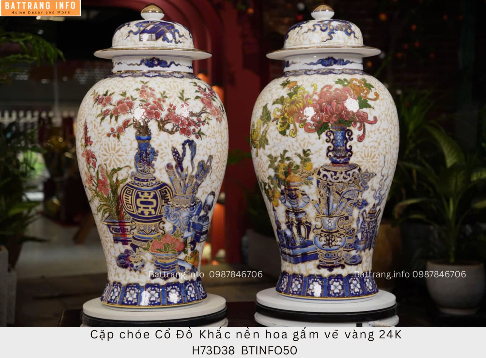 CẶP CHOÉ CỔ ĐỒ KHẮC NỀN HOA GẤM VẼ VÀNG 24K