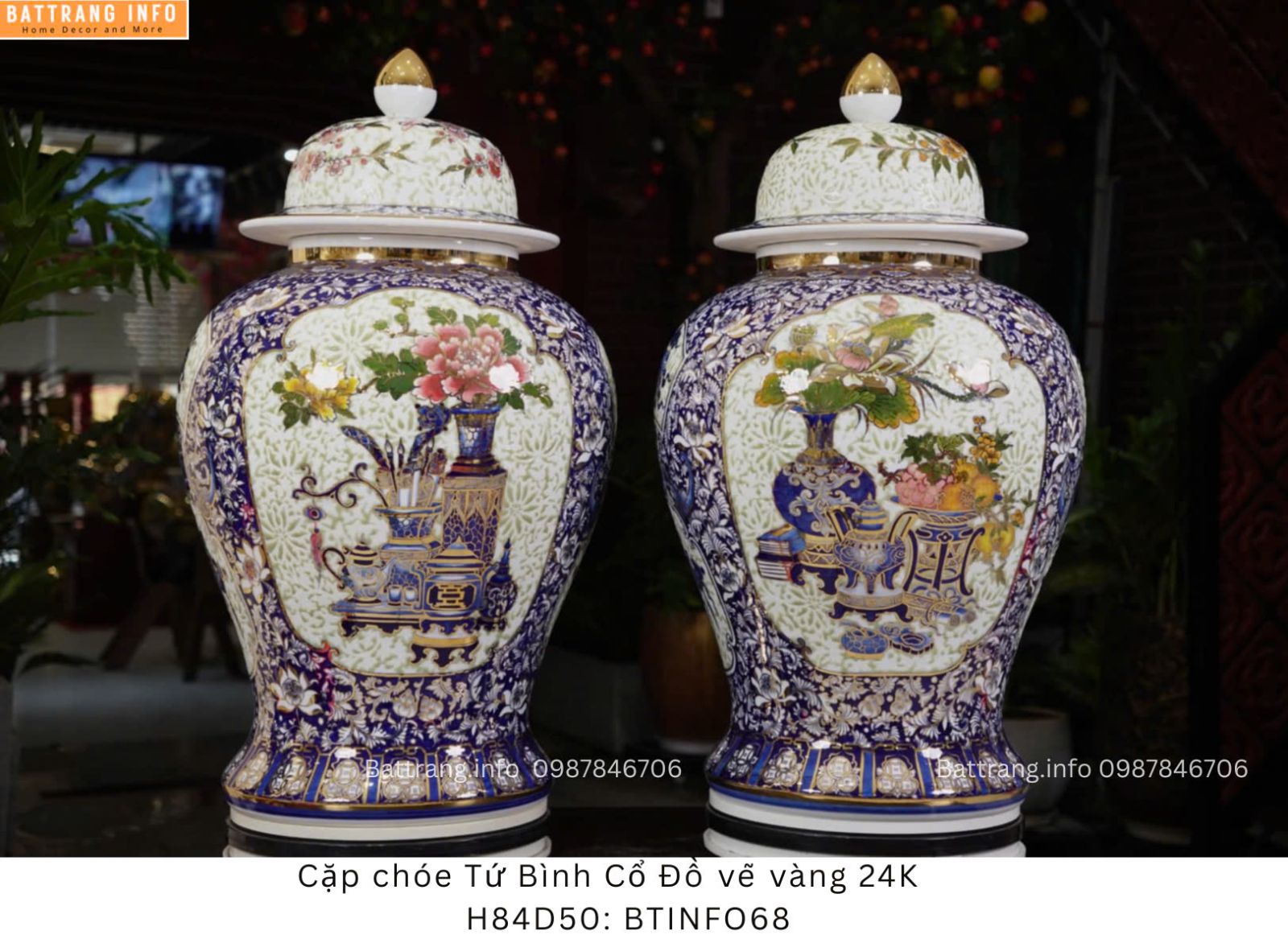 CẶP CHOÉ TỨ CẢNH CỔ ĐỒ VẼ VÀNG 24K H84