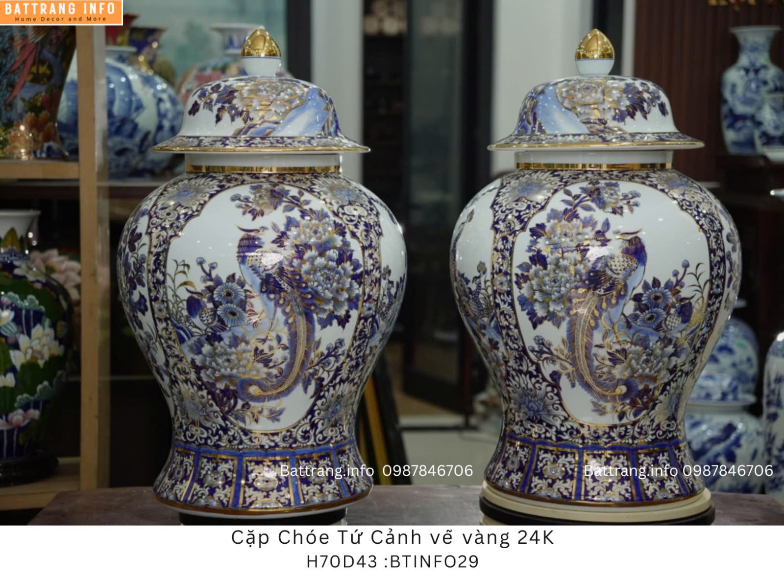 CHOÉ TỨ CẢNH VẼ VÀNG 24K CAO 70CM