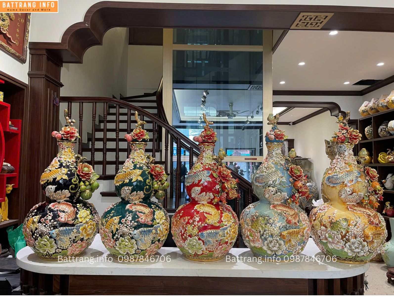 HỒ LÔ ĐẮP NỔI NỀN MÀU VẼ VÀNG 24K CAO 75CM