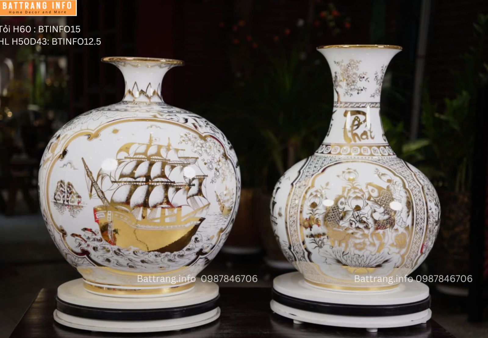 BÌNH HÚT LỘC NHỊ CẢNH THUẬN BUỒM XUÔI GIÓ AND CÔNG DANH PHÚ QUÝ VẼ VÀNG 24K H50