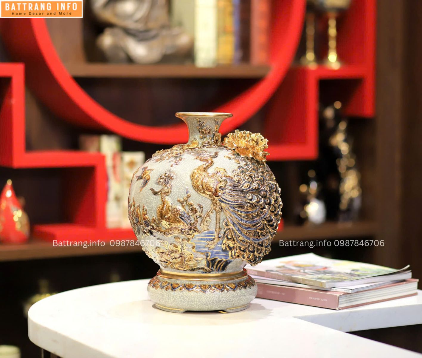 BÌNH HÚT LỘC CÔNG DNAH PHÚ QUÝ ĐẮP NỔI VẼ VÀNG 24K CAO 40CM