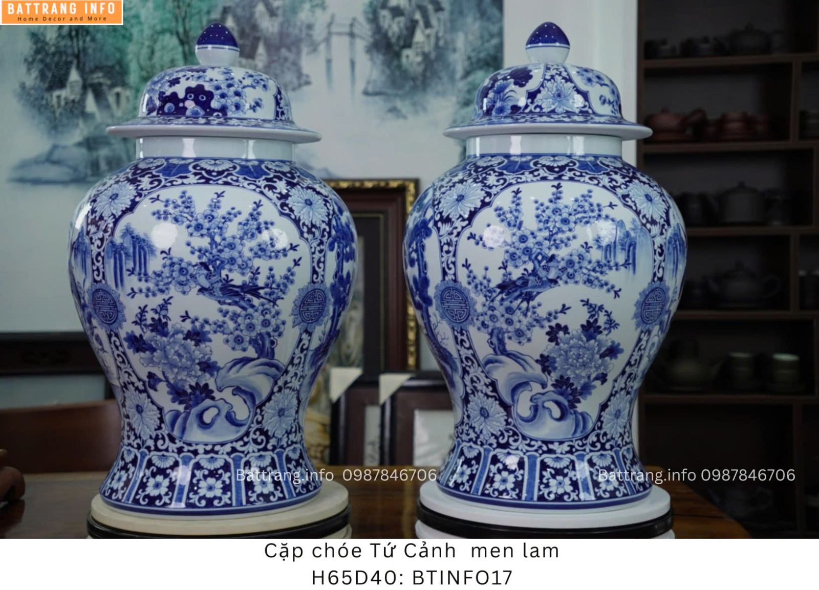CẶP CHOÉ TỨ CẢNH MEN LAM VẼ TAY CAO 65CM