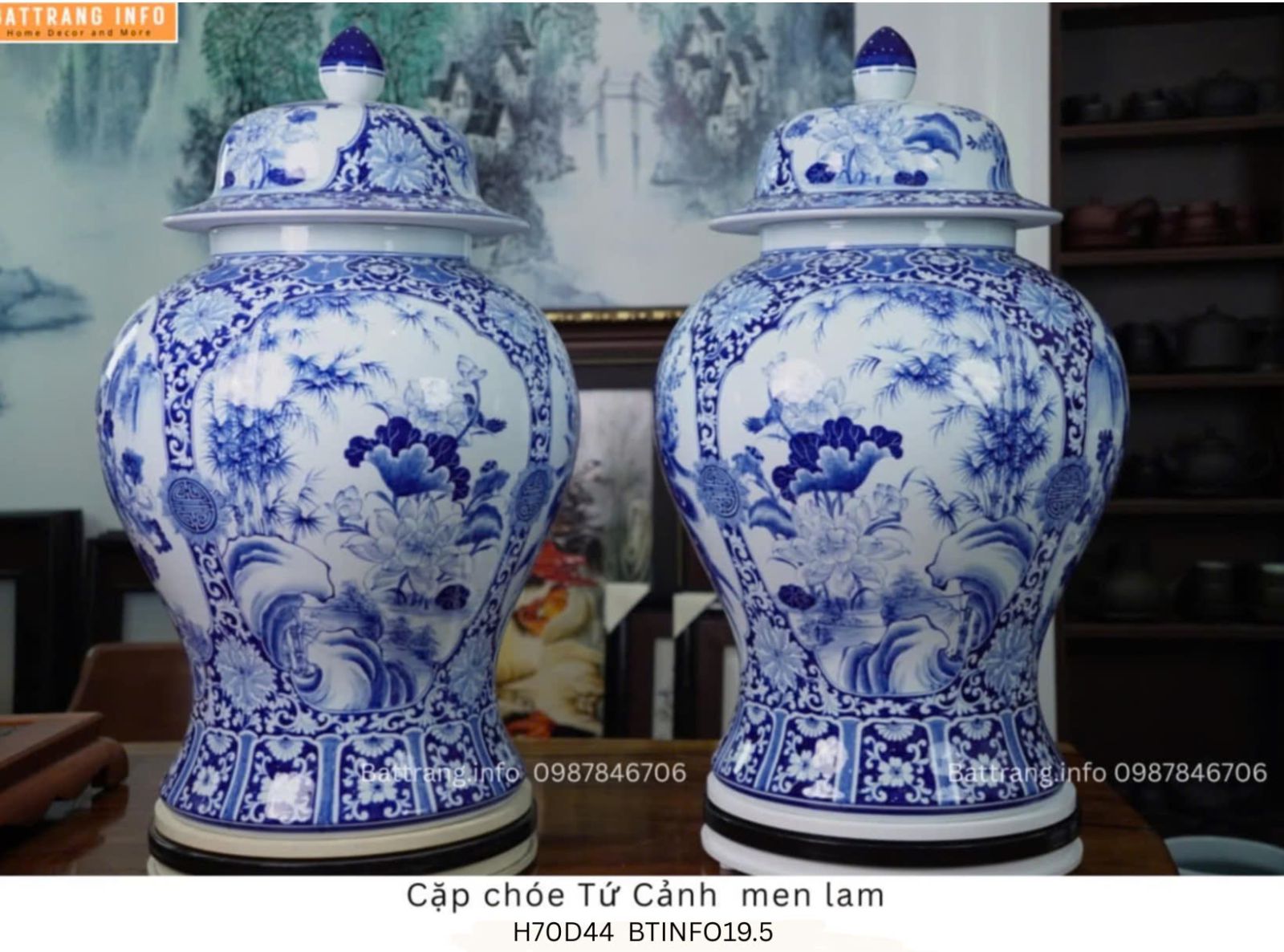 CẶP CHOÉ TỨ CẢNH MEN LAM VẼ TAY CAO CẤP BÁT TRÀNG CAO 70CM