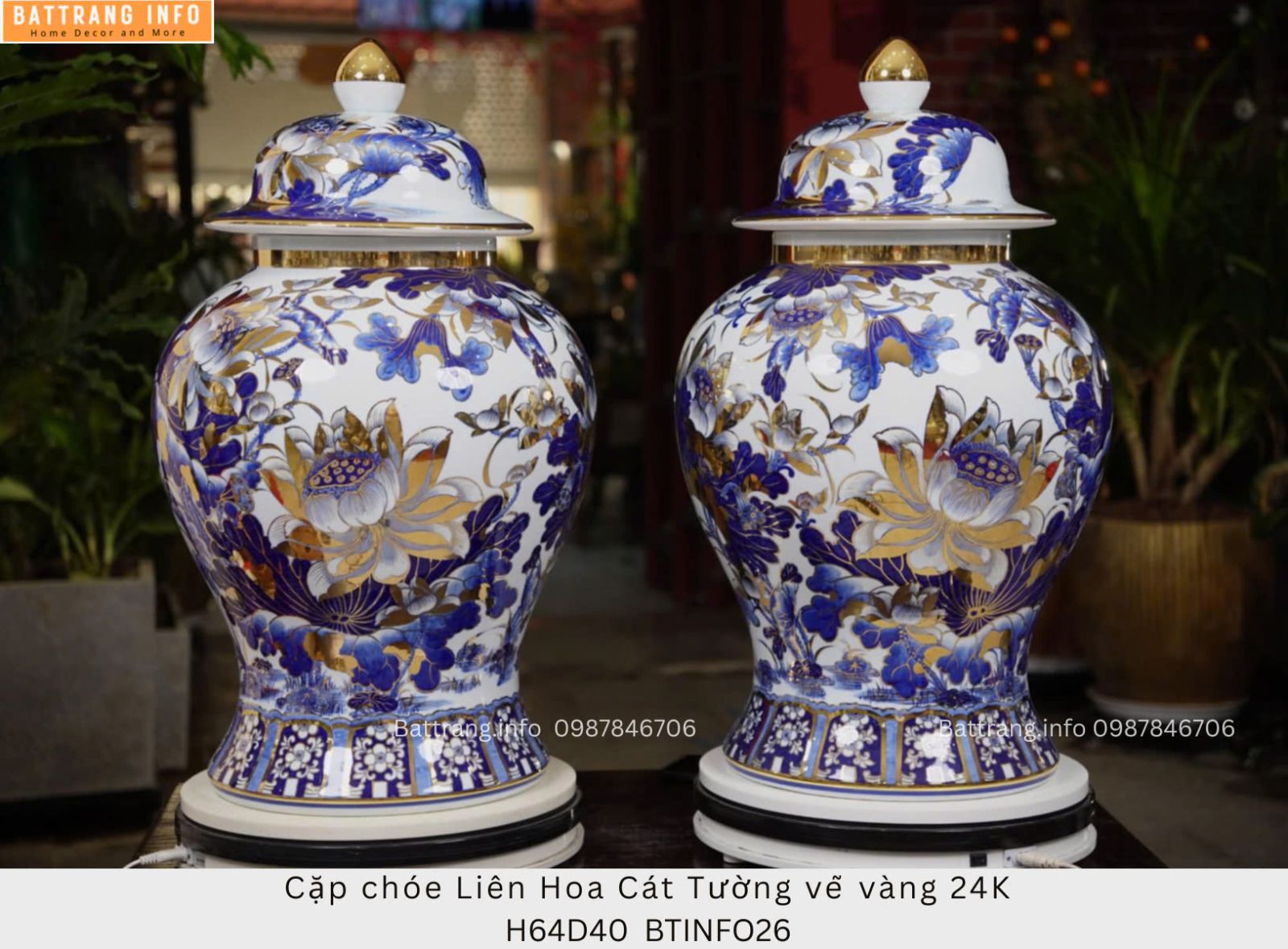 CẶP CHOÉ LIÊN HOA CÁT TƯỜNG VẼ VÀNG 24K