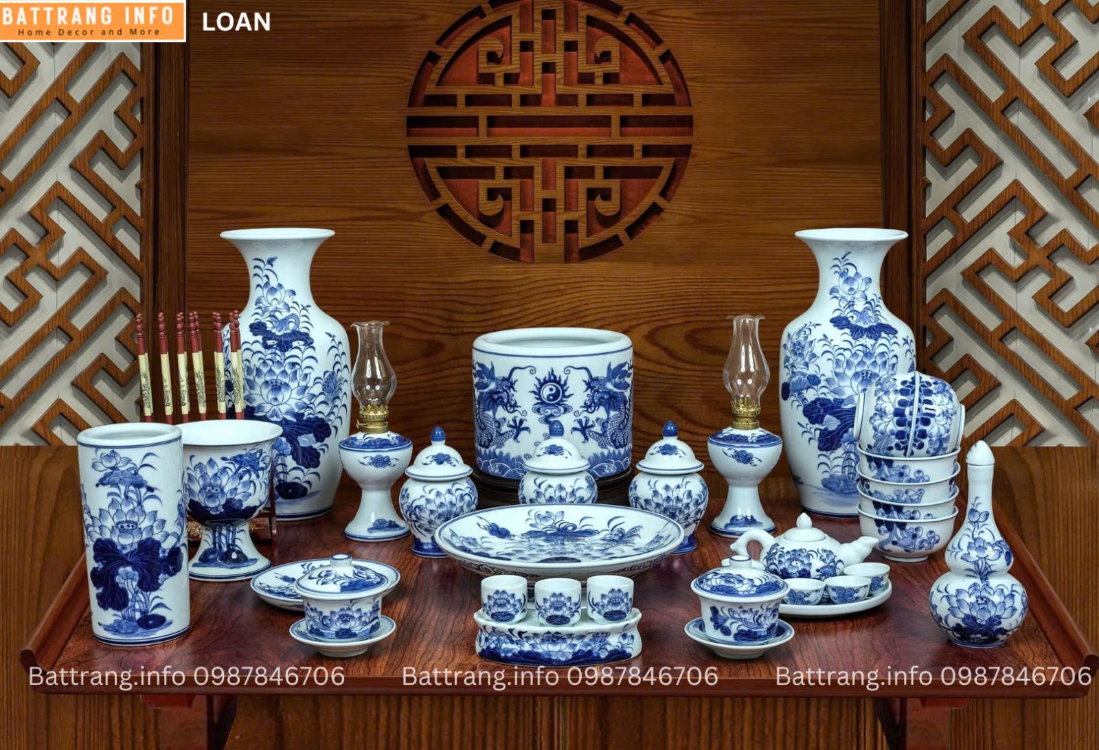 BỘ ĐỒ THỜ MEN LAM XANH CAO CẤP BÁT TRÀNG