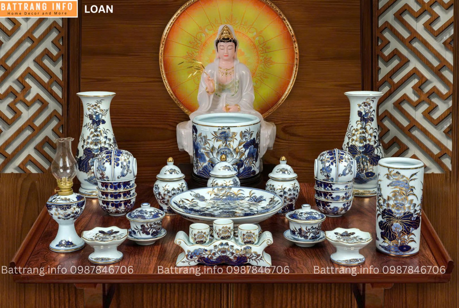 BỘ ĐỒ THỜ MEN RONG VẼ VÀNG 24K CAO CẤP BÁT TRÀNG