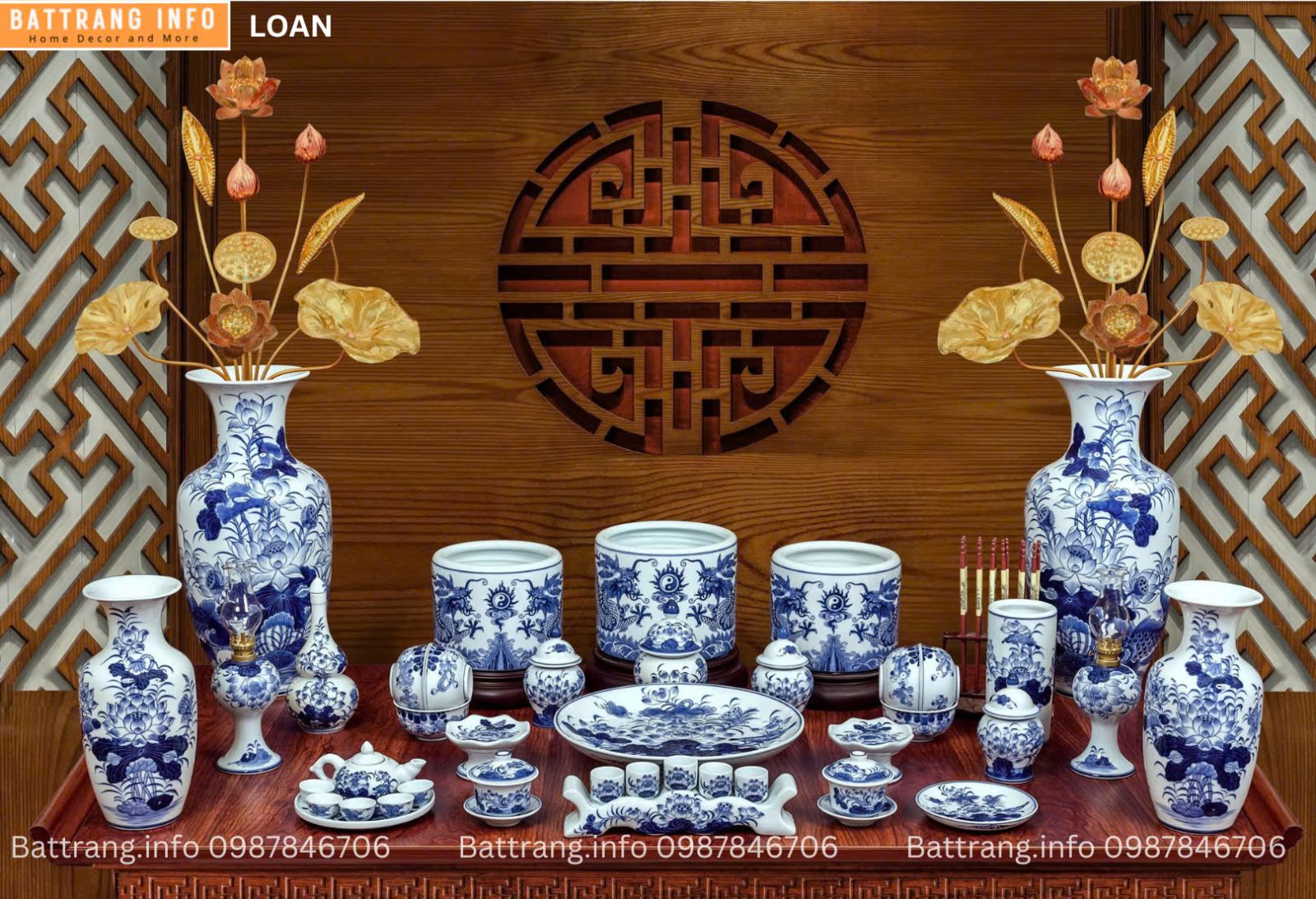 BỘ ĐỒ THỜ MEN LAM XANH CAO CẤP BÁT TRÀNG