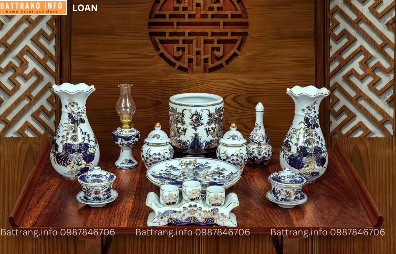 BỘ ĐỒ THỜ MEN RONG VẼ VÀNG CAO CẤP BÁT TRÀNG