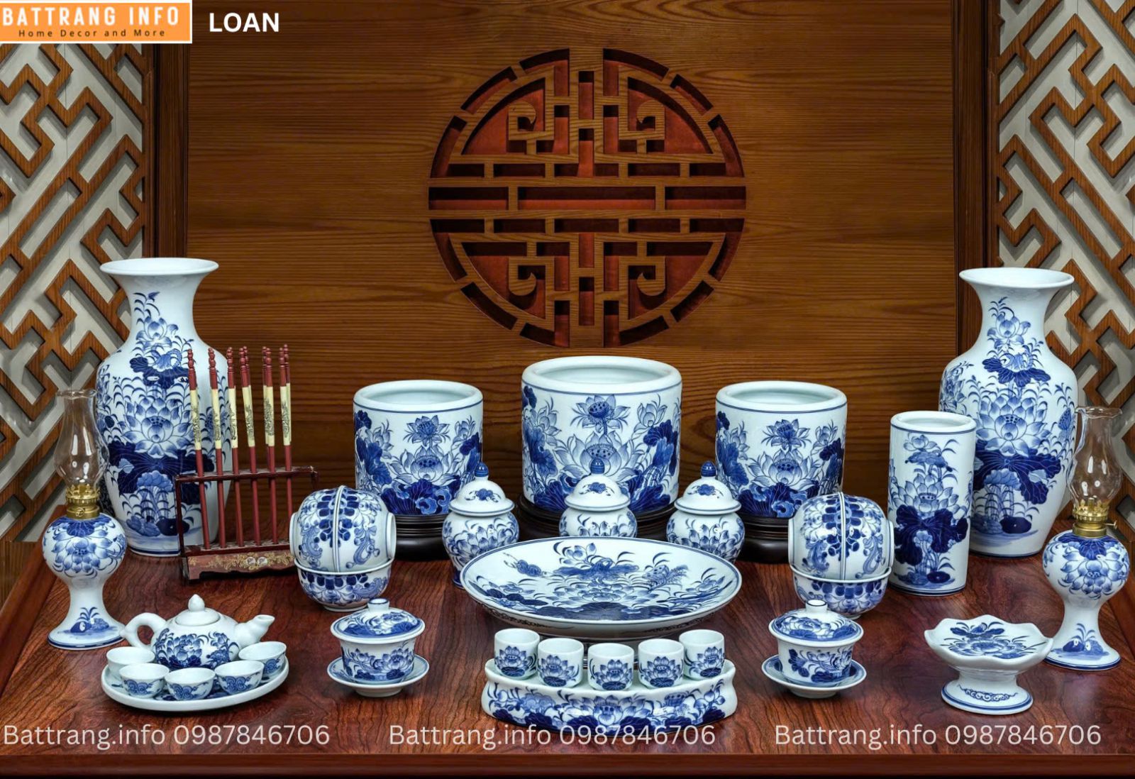 BỘ ĐỒ THỜ MEN LAM XANH CAO CẤP BÁT TRÀNG