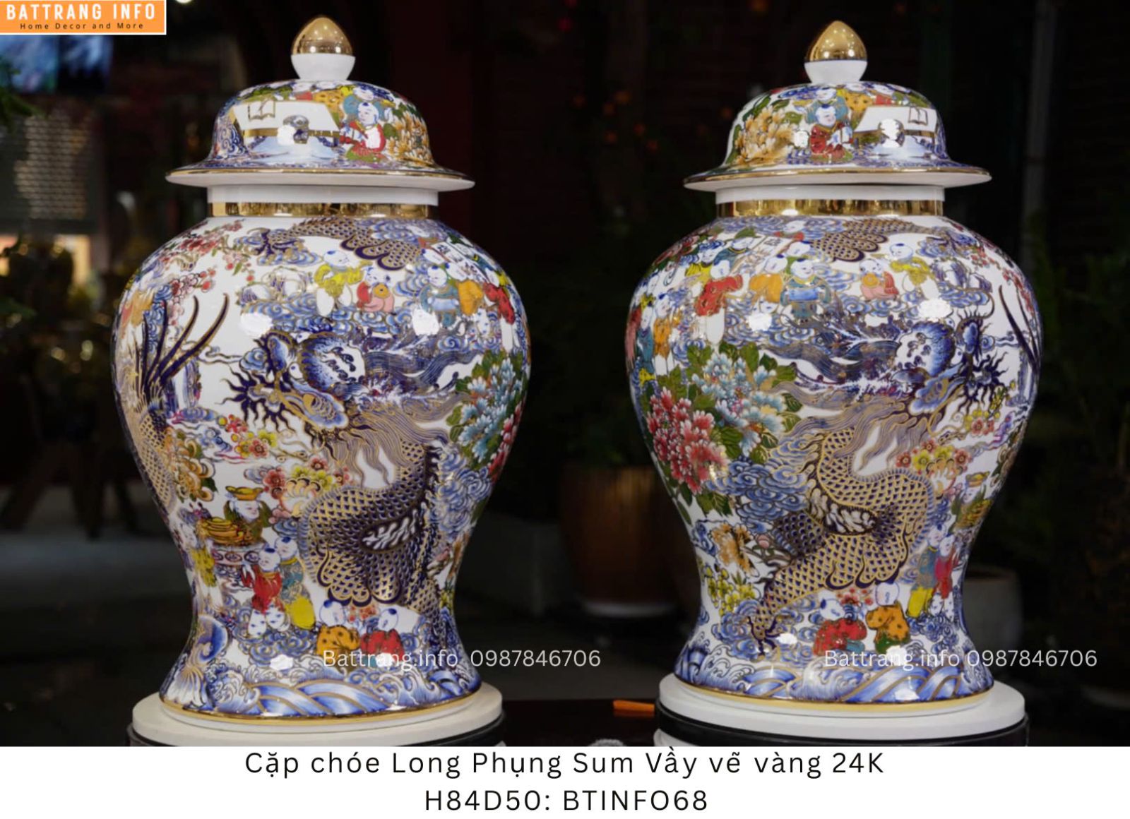 CẶP CHOÉ LONG PHỤNG SUM VẦY VẼ VÀNG 24K H84