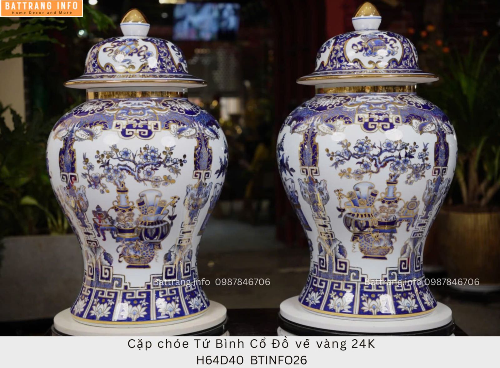CẶP CHOÉ TỨ BÌNH CỔ ĐỒ VẼ VÀNG 24K