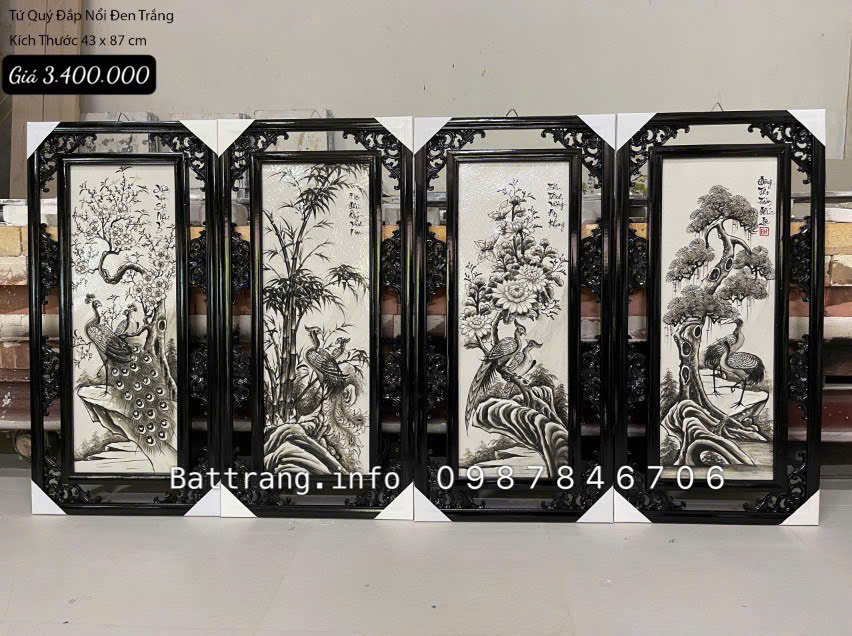 Tranh Tứ Quý Đắp Nổi Đen Trắng 43x87