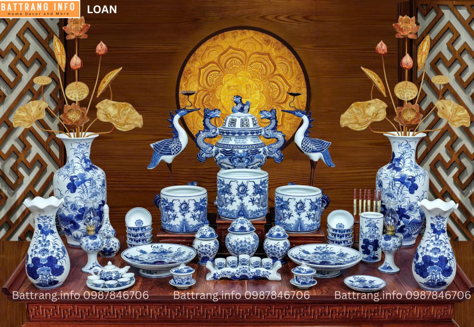 BỘ ĐỒ THỜ MEN LAM XANH CAO CẤP BÁT TRÀNG
