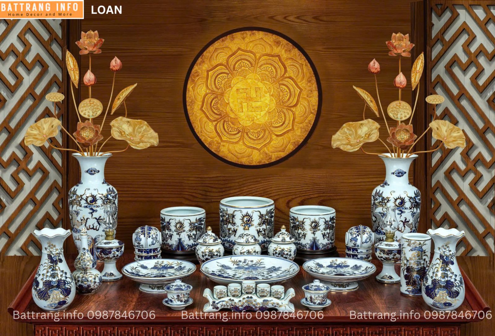 BỘ ĐỒ THỜ MEN RONG VẼ VÀNG 24K CAO CẤP BÁT TRÀNG