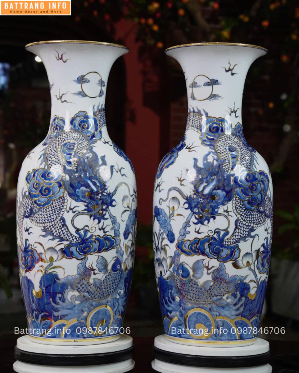 Lộc Bình Song Long Vẽ Vàng H60