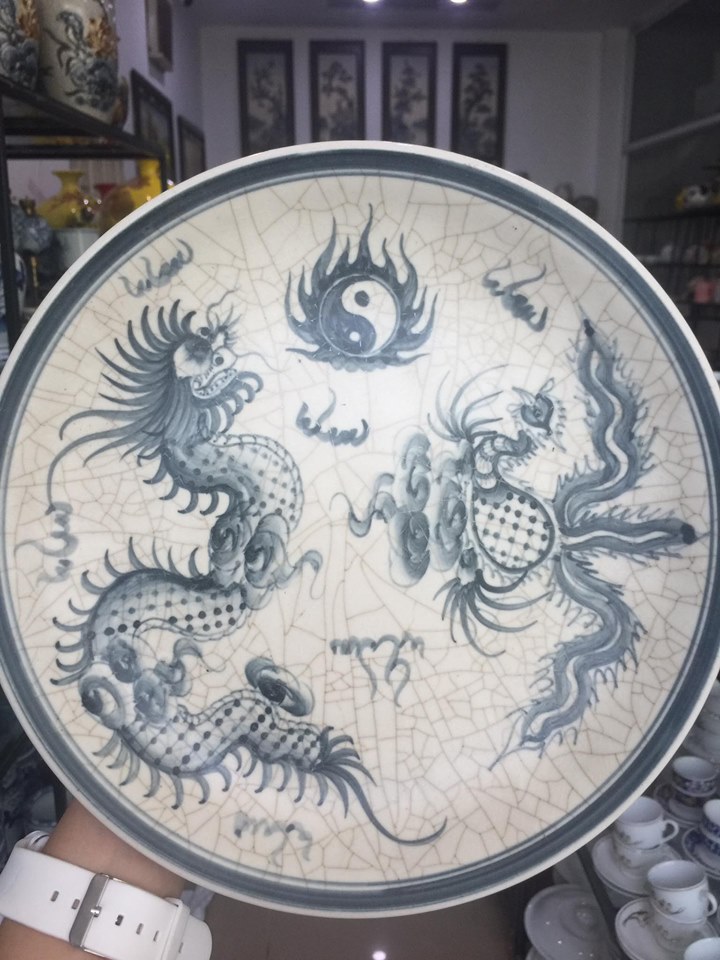 Mâm bồng men rạn vẽ tay 