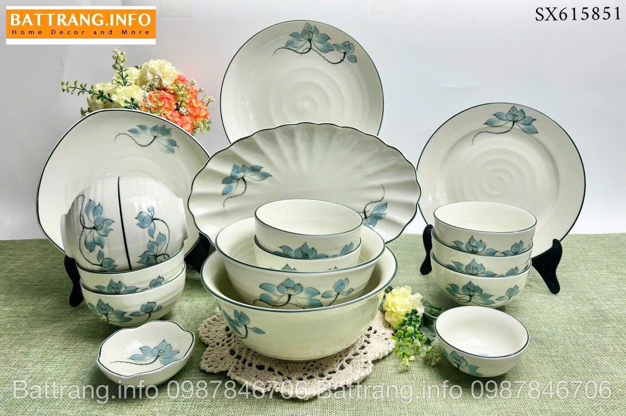 Bộ Bát Đĩa Sen Xanh Vẽ Tay Cao Cấp Bát Tràng