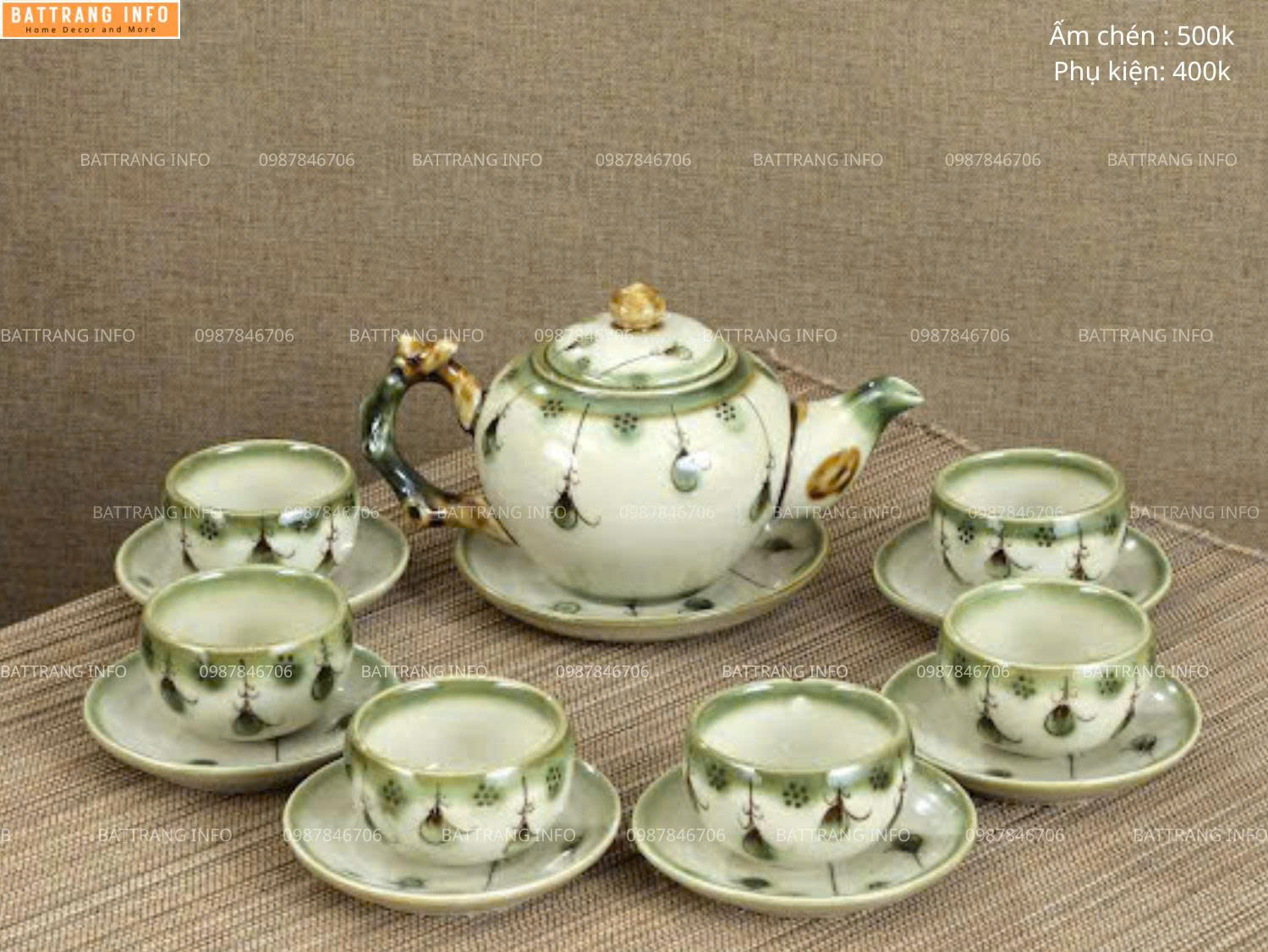 Bộ Ấm Chén Hoa Vẽ Tay Men Kem Cao Cấp Bát Tràng