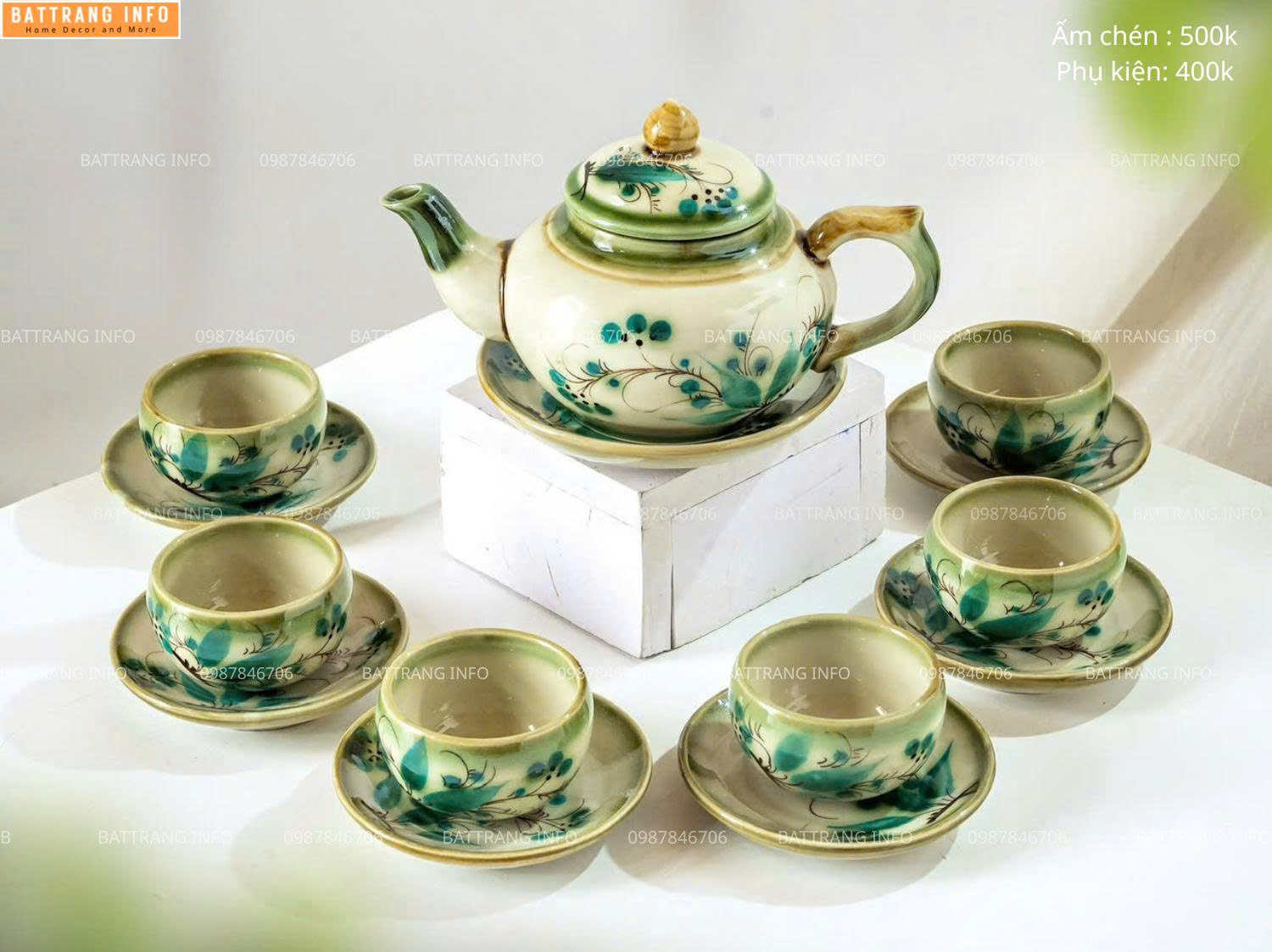 Bộ Ấm Chén Hoa Vẽ Tay Men Kem Cao Cấp Bát Tràng