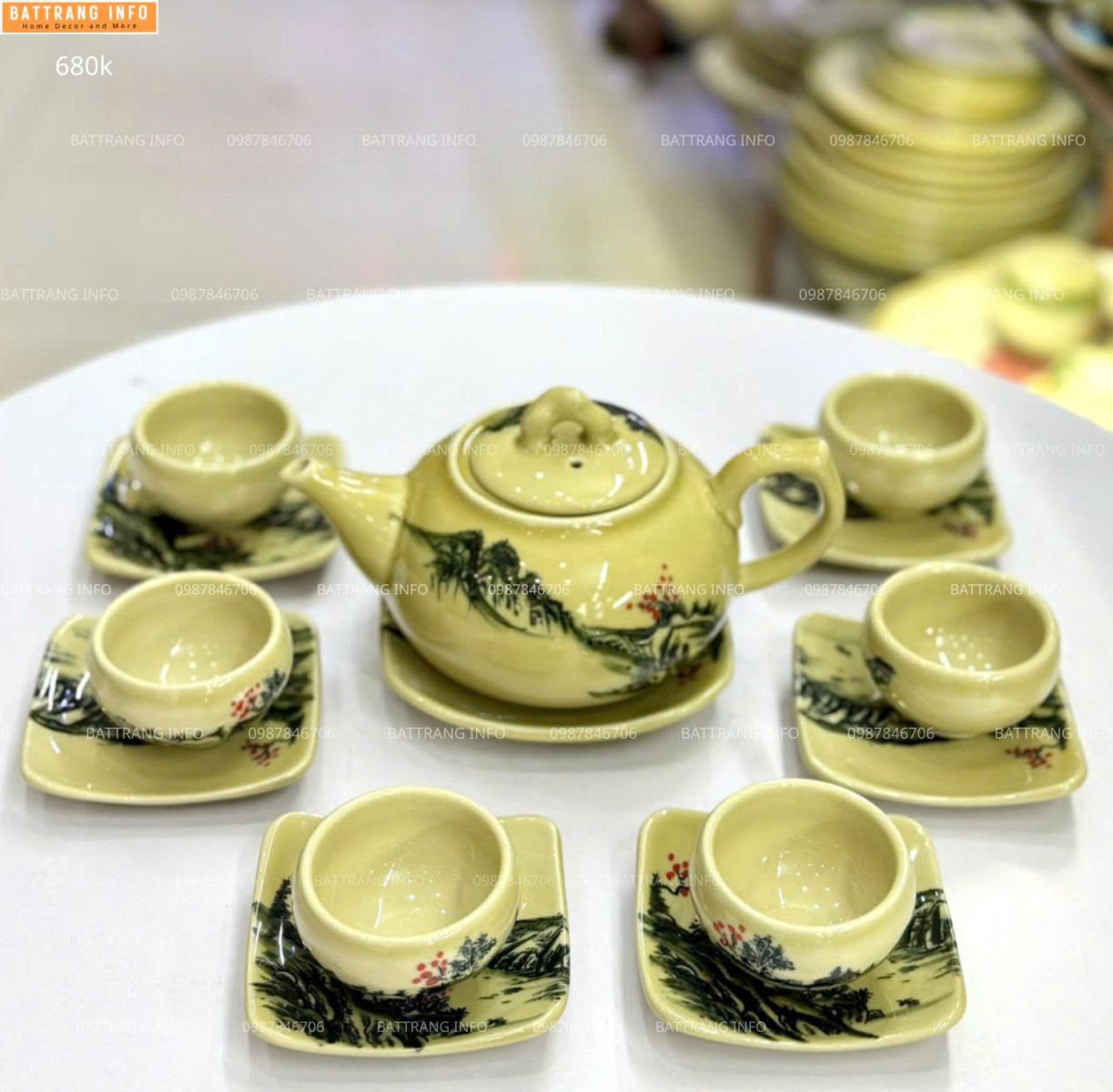 Bộ Ấm Chén Hoa Vẽ Tay Men Kem Cao Cấp Bát Tràng