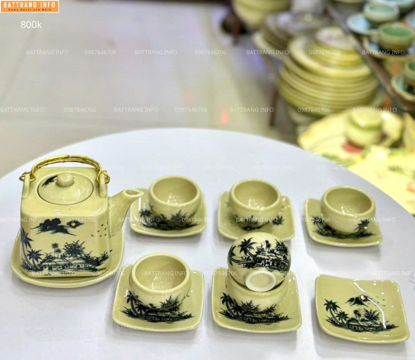 Bộ Ấm Chén Hoa Vẽ Tay Men Kem Cao Cấp Bát Tràng
