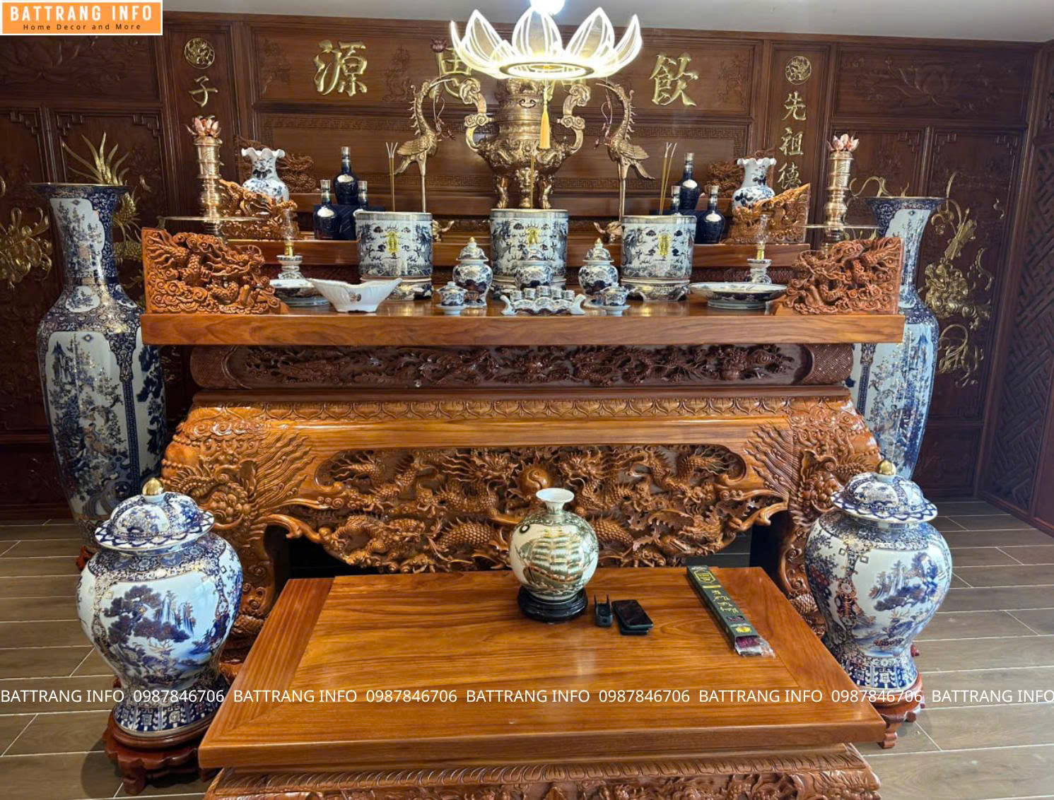 Full Bộ Đồ Thờ Men Lam Khử Vẽ Vàng 24K Cao Cấp Bát Tràng – Lựa Chọn Đẳng Cấp Cho Không Gian Thờ Của Khách Tại Hải Phòng
