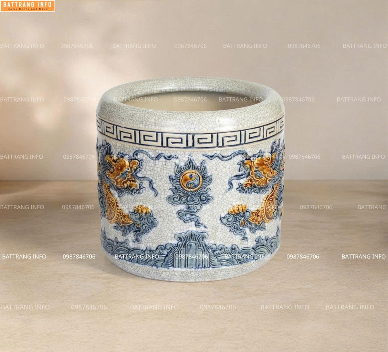 Bát Hương Men Rạn Đắp Nổi Cao Cấp Bát Tràng  P12 2