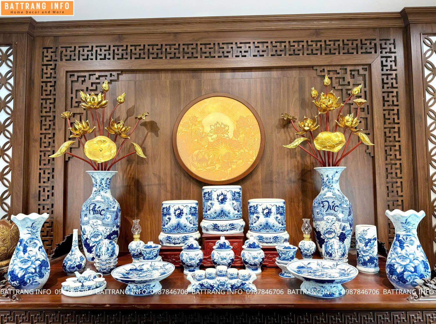 Bộ Đồ Thờ Gại Gấm Men Lam Xanh Cao Cấp Bát Tràng