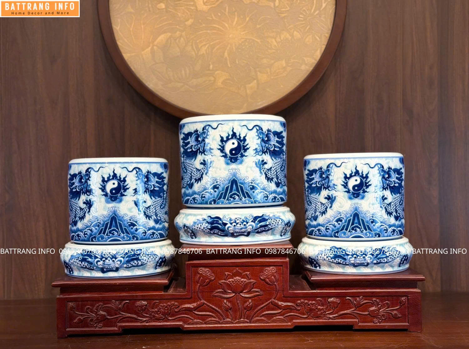 Bộ Đồ Thờ Gại Gấm Men Lam Xanh Cao Cấp Bát Tràng