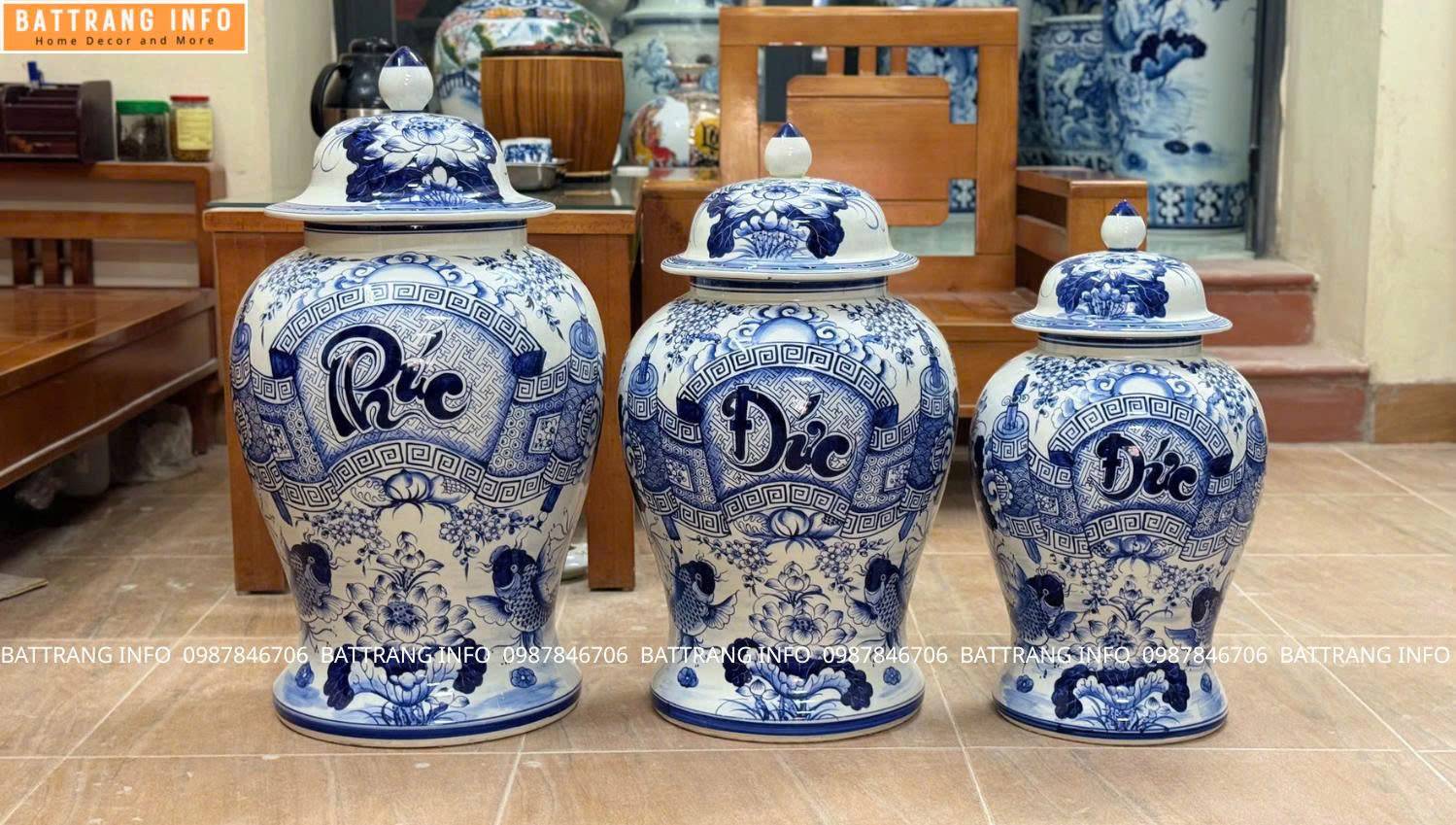 Cặp Choé Phúc Đức Men Lam Vẽ Tay Cao Cấp Bát Tràng – Tinh Hoa Gốm Việt Cho Không Gian Thờ Cúng