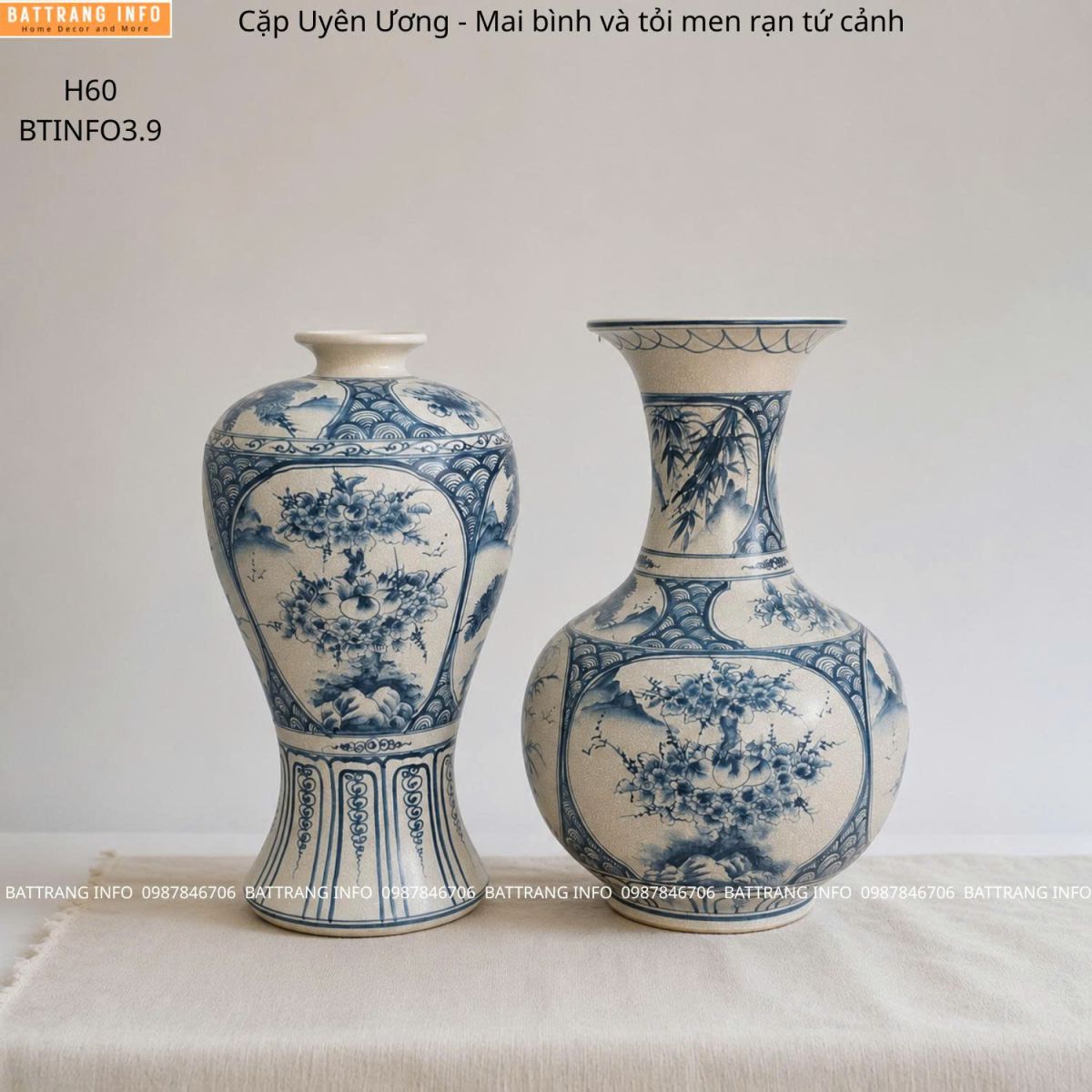 Cặp Mai Bình Và Tỏi Men Rạn Vẽ Tay Cao 60cm Cao Cấp Bát Tràng