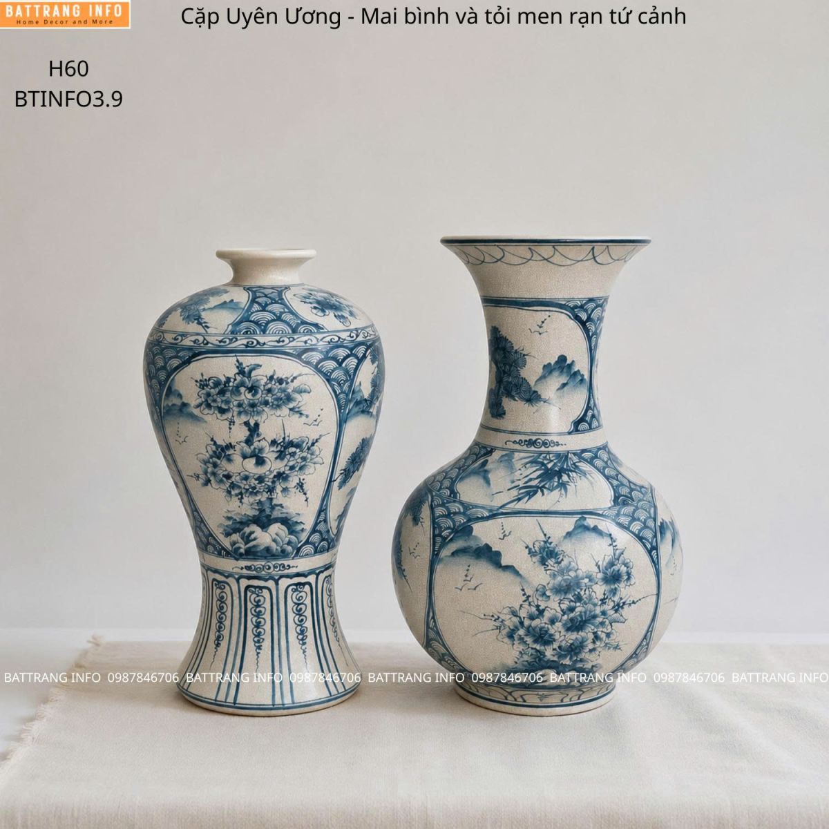 Cặp Mai Bình Và Tỏi Men Rạn Vẽ Tay Cao 60cm Cao Cấp Bát Tràng