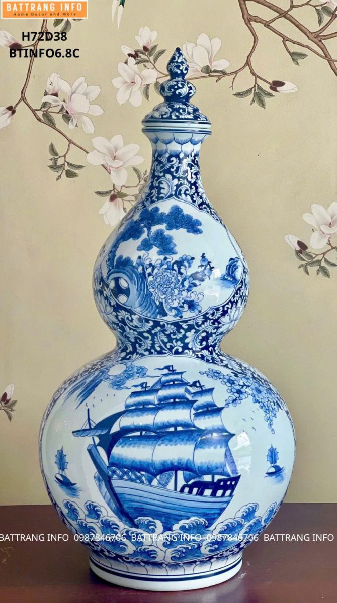Hồ Lô Tích Lộc Nhị Cảnh Men Lam Thuận Buồm Xuôi Gió & Công Danh Phú Quý Cao 72cm – Tinh Hoa Gốm Sứ Bát Tràng, Chiêu Tài Đón Lộc