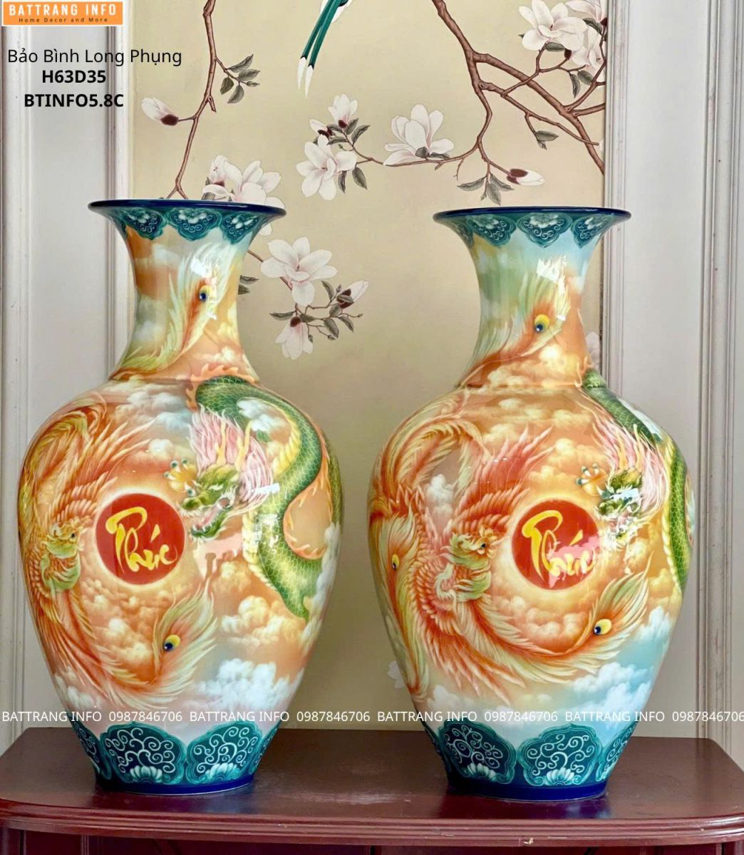 Bảo Bình Long Phụng Cao 63cm Vẽ Tay Nền 3D Cao Cấp Bát Tràng – Biểu Tượng Phong Thủy Sang Trọng Cho Không Gian Đẳng Cấp
