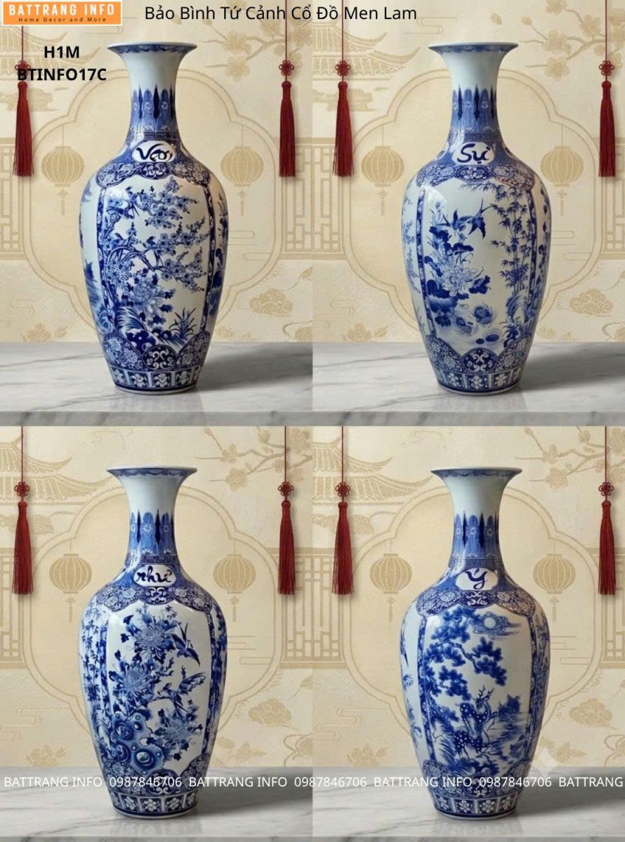 Bảo Bình Tứ Cảnh Men Lam Vẽ Tay Chữ Vạn Sự Như Ý Cao 1m Cao Cấp Bát Tràng – Biểu Tượng Phong Thủy Mang Tài Lộc Và Bình An