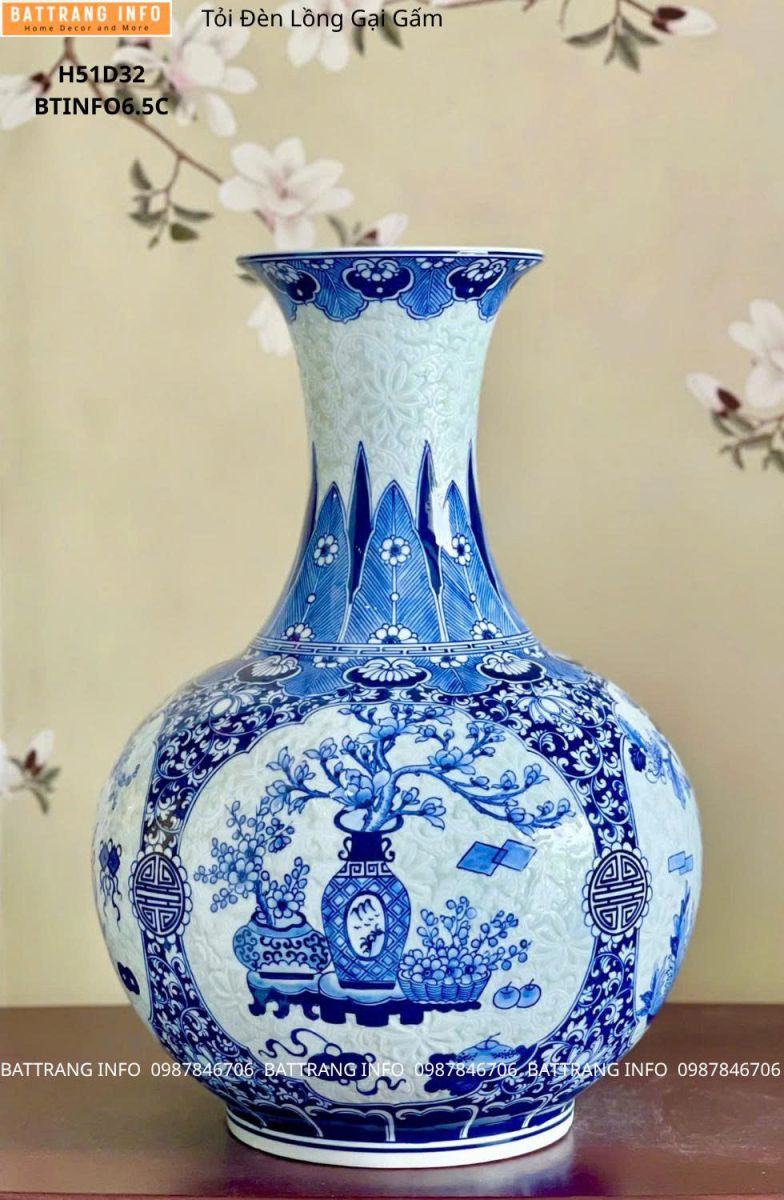 Tỏi Đèn Lồng Nền Gấm Tứ Cảnh Men Lam Cao 51cm Cao Cấp Bát Tràng – Biểu Tượng Tài Lộc Và Đẳng Cấp Không Gian