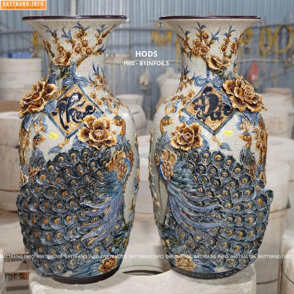 Lộc Bình Công Danh Phú Quý Men Rạn Đắp Nổi Cao 60cm Cao Cấp Bát Tràng – Biểu Tượng Thu Hút Tài Lộc Và Thăng Tiến