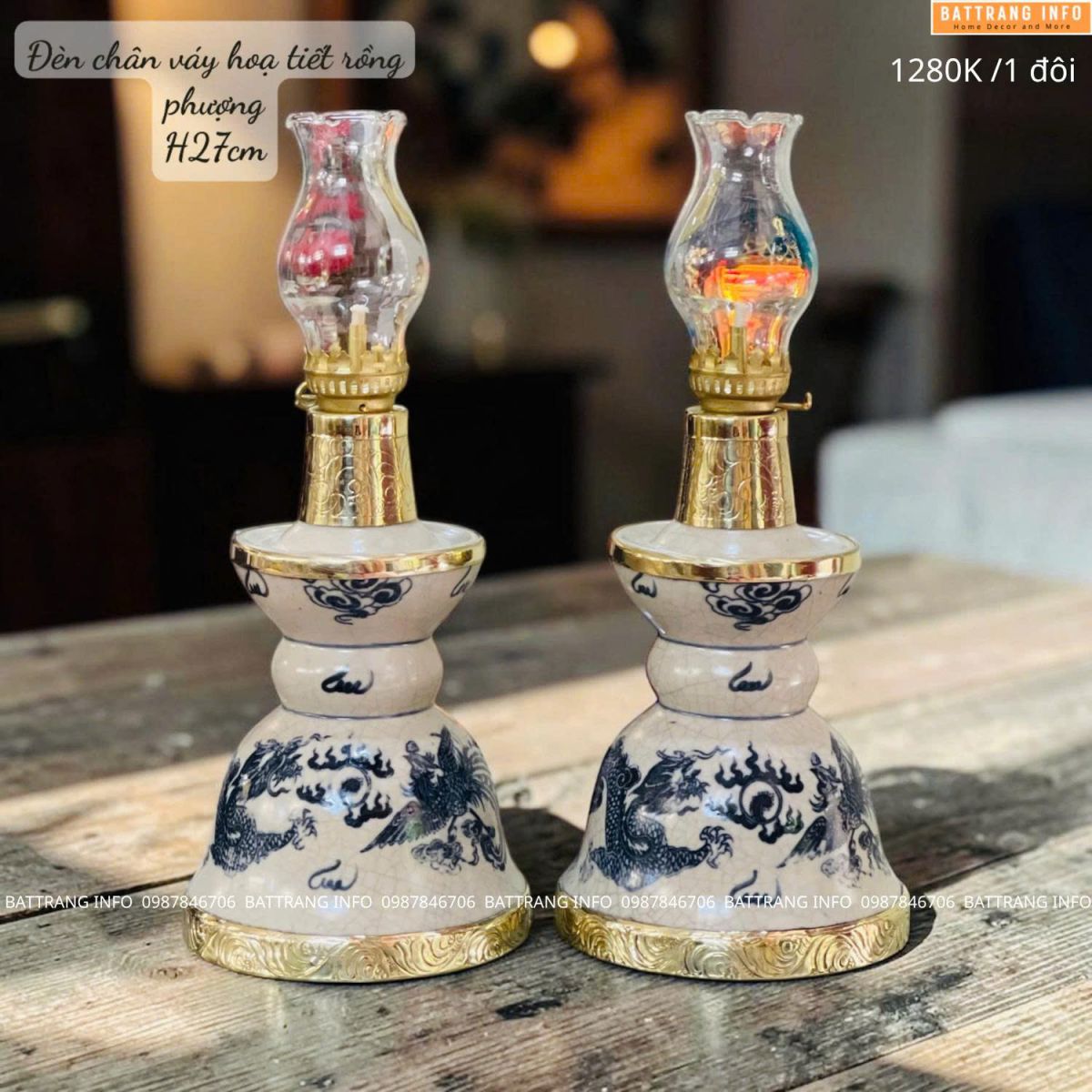Mua Đèn Thờ Chân Váy Men Rạn Vẽ Họa Tiết Sen Và Rồng Phượng Cao 27cm Cao Cấp Bát Tràng ở Đâu ?