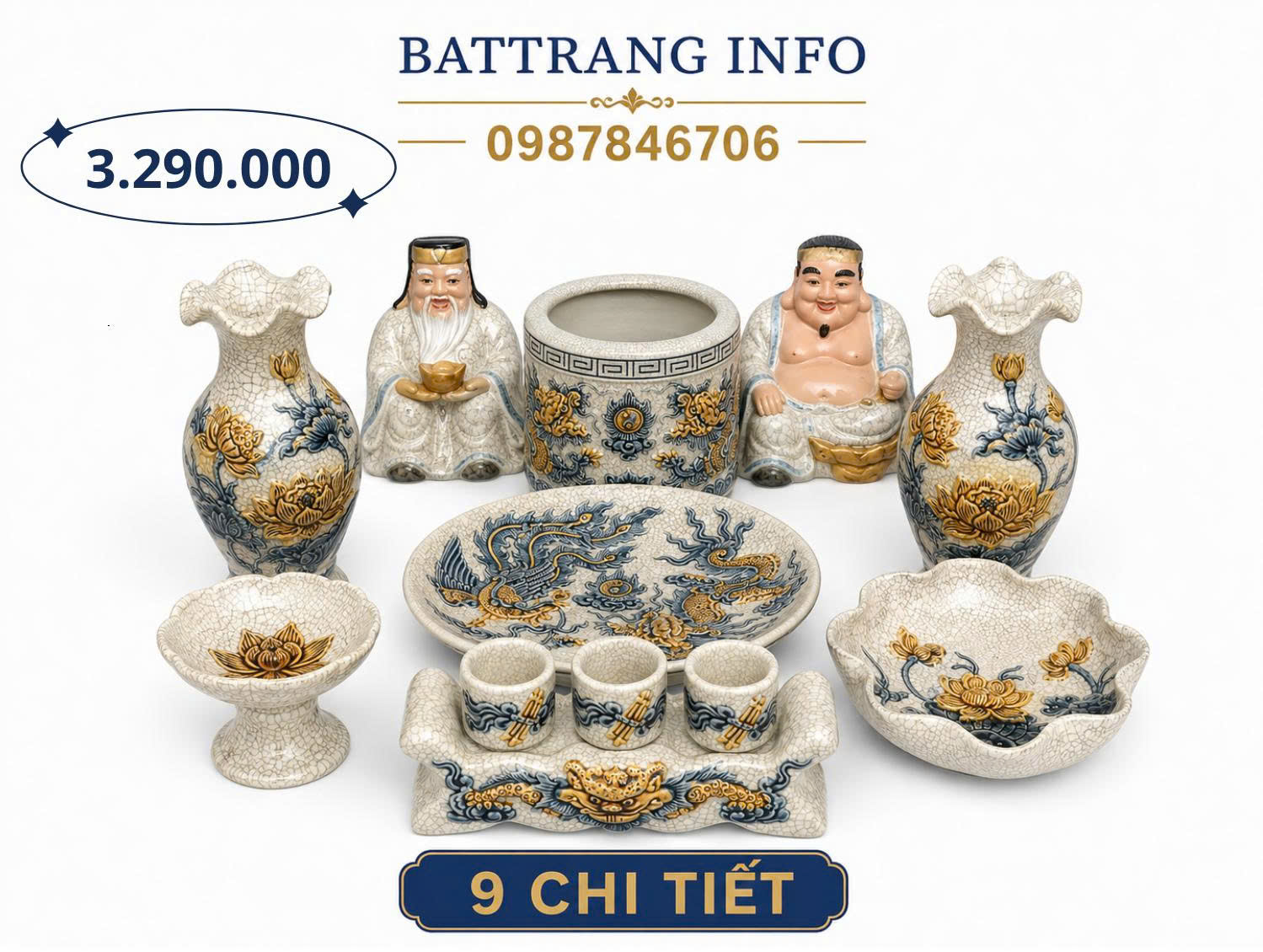 Bộ Đồ Thờ Men Rạn Đắp Nổi Cao Cấp Bát Tràng 2
