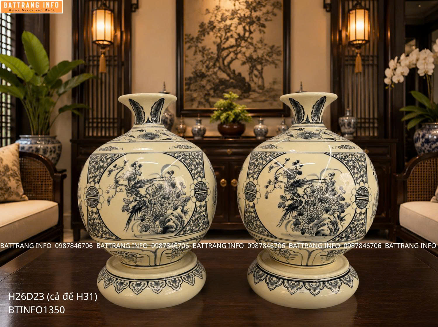 Cặp Bình Hút Tài Lộc Tứ Cảnh Cao 26cm Cao Cấp Bát Tràng – Vẻ Đẹp Gốm Sứ Phong Thủy Sang Trọng